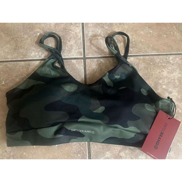 NWT Swiss Brand L Catalina Active Bra Olive Camo Low Medium Support